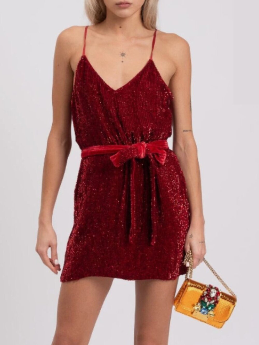 NWT $1K RETROFETE Claire Mini Party Dress - S - Red Sequin Belt Open Back, Red